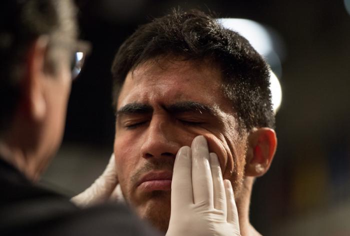 LAS VEGAS, NV - MARCH 27: Erick Montano prepares to enter the Octagon before facing Marco Olano during the filming of The Ultimate Fighter Latin America: Team Gastelum vs Team Escudero on March 27, 2015 in Las Vegas, Nevada. (Photo by Brandon Magnus/Zuf