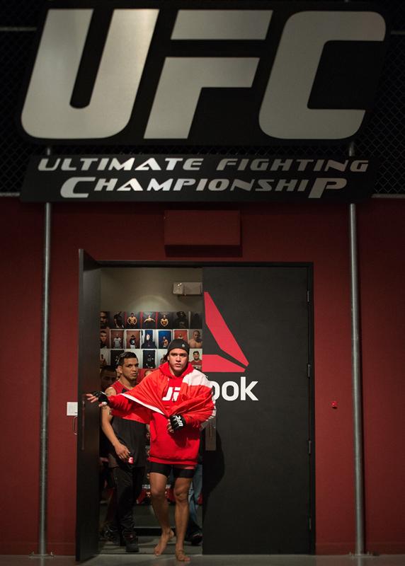 LAS VEGAS, NV - MARCH 27: Marco Olano prepares to enter the Octagon before facing Erick Montano during the filming of The Ultimate Fighter Latin America: Team Gastelum vs Team Escudero on March 27, 2015 in Las Vegas, Nevada. (Photo by Brandon Magnus/Zuf