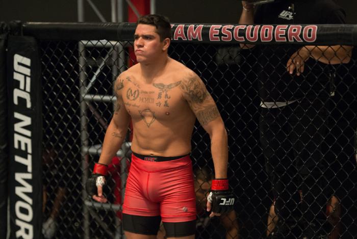 LAS VEGAS, NV - MARCH 27: Marco Olano enters the Octagon before facing Erick Montano during the filming of The Ultimate Fighter Latin America: Team Gastelum vs Team Escudero on March 27, 2015 in Las Vegas, Nevada. (Photo by Brandon Magnus/Zuffa LLC/Zuff