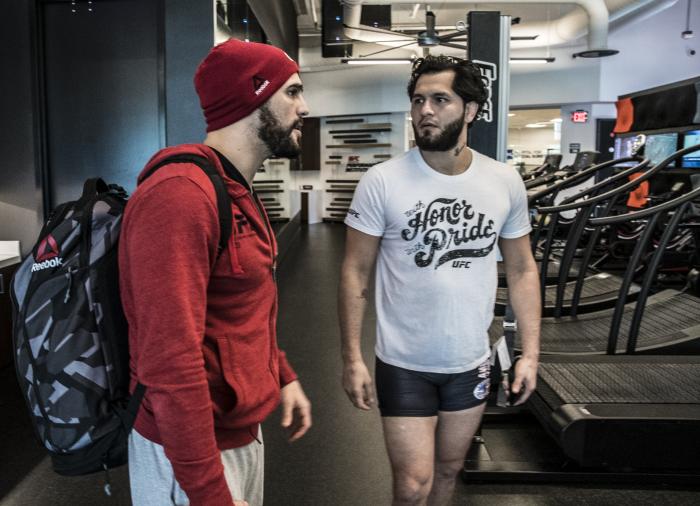 Las Vegas, 1/24/18 - Santiago Ponzinibbio talks with Jorge Masvidal while training at the UFC Performance Institute in Las Vegas.