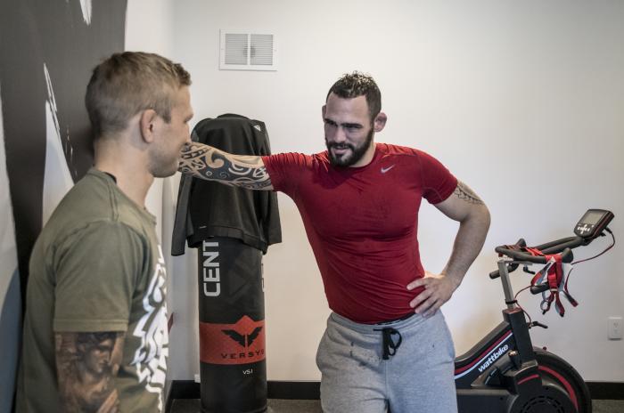 Las Vegas, 1/24/18 - Santiago Ponzinibbio talks with TJ Dillashaw while training at the UFC Performance Institute in Las Vegas. (Photo credit: Juan Cardenas)