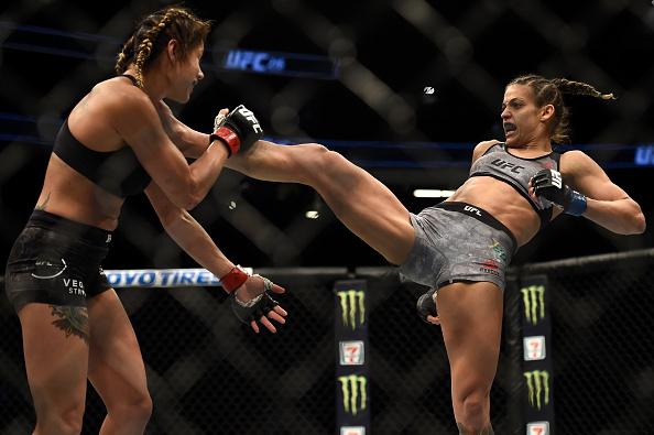 LAS VEGAS, NV - OCTOBER 07: (R-L) Poliana Botelho of Brazil kicks Pearl Gonzalez in their womens strawweight bout during the UFC 216 event inside T-Mobile Arena on October 7, 2017 in Las Vegas, Nevada. (Photo by Brandon Magnus/Zuffa LLC/Zuffa LLC via Get