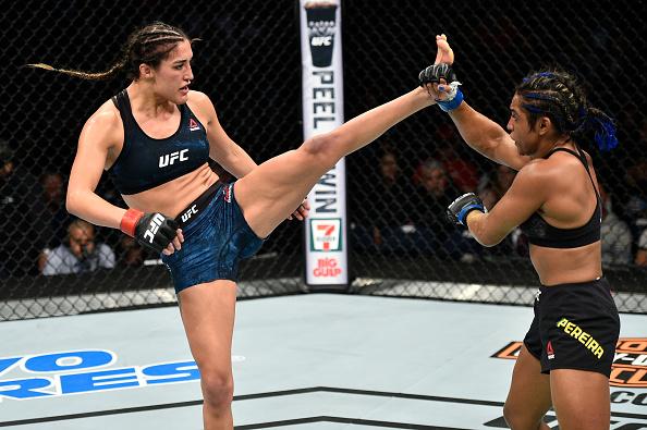 NORFOLK, VA - NOVEMBER 11: (L-R) Tatiana Suarez throws a kick towards Viviane Pereira of Brazil in their women's strawweight bout during the UFC Fight Night event inside the Ted Constant Convention Center on November 11, 2017 in Norfolk, Virginia. (Photo