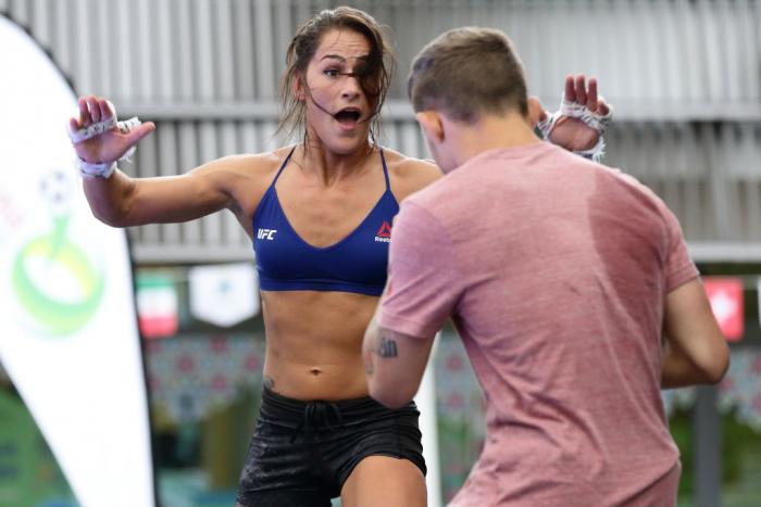 SINGAPORE - JUNE 20:  Jessica Eye (L) of United States participates in the UFC Fight Night Open Workout at OCBC Square on June 20, 2018 in Singapore.  (Photo by Suhaimi Abdullah - Zuffa LLC/Zuffa LLC)