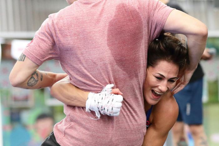 SINGAPORE - JUNE 20: Jessica Eye of United States participates in the UFC Fight Night Open Workout at OCBC Square on June 20, 2018 in Singapore. (Photo by Suhaimi Abdullah - Zuffa LLC/Zuffa LLC)