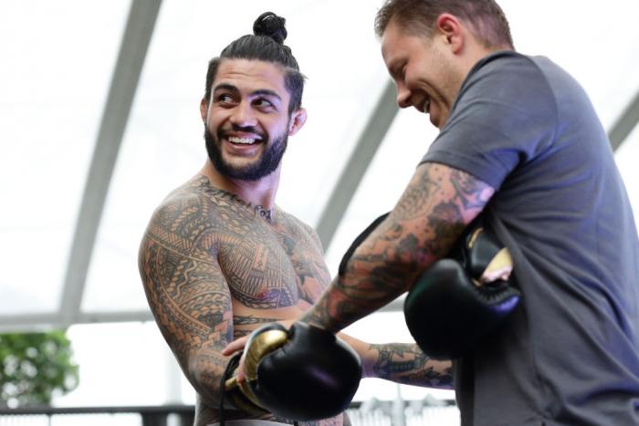 SINGAPORE - JUNE 20:  Tyson Pedro (L) of Australia participates in the UFC Fight Night Open Workout at OCBC Square on June 20, 2018 in Singapore.  (Photo by Suhaimi Abdullah - Zuffa LLC/Zuffa LLC)