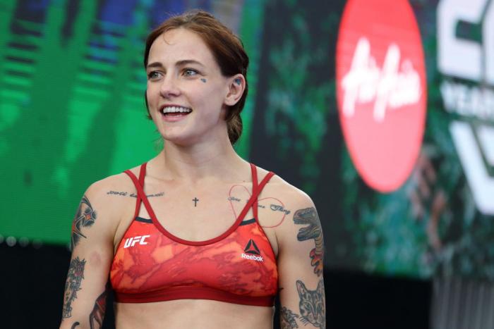 SINGAPORE - JUNE 20: Jessica-Rose Clark of Australia participates in the UFC Fight Night Open Workout at OCBC Square on June 20, 2018 in Singapore. (Photo by Suhaimi Abdullah - Zuffa LLC/Zuffa LLC)