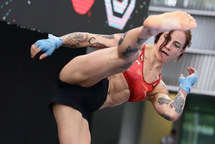 SINGAPORE - JUNE 20: Jessica-Rose Clark of Australia participates in the UFC Fight Night Open Workout at OCBC Square on June 20, 2018 in Singapore. (Photo by Suhaimi Abdullah - Zuffa LLC/Zuffa LLC)