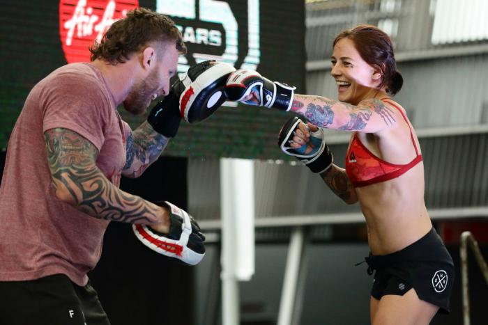 SINGAPORE - JUNE 20: Jessica-Rose Clark (R) of Australia participates in the UFC Fight Night Open Workout at OCBC Square on June 20, 2018 in Singapore. (Photo by Suhaimi Abdullah - Zuffa LLC/Zuffa LLC)