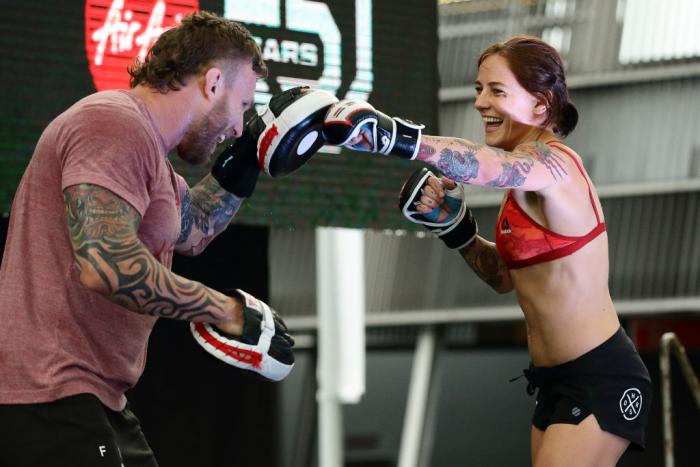 SINGAPORE - JUNE 20:  Jessica-Rose Clark (R) of Australia participates in the UFC Fight Night Open Workout at OCBC Square on June 20, 2018 in Singapore.  (Photo by Suhaimi Abdullah - Zuffa LLC/Zuffa LLC)