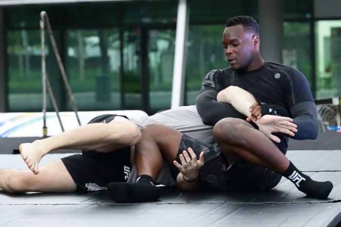 SINGAPORE - JUNE 20: Ovince Saint Preux (R) of United States participates in the UFC Fight Night Open Workout at OCBC Square on June 20, 2018 in Singapore. (Photo by Suhaimi Abdullah - Zuffa LLC/Zuffa LLC)