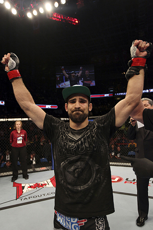 CALGARY, CANADA - JULY 21: Antonio Carvalho celebrates after defeating Daniel Pineda by knockout during their featherweight bout at UFC 149 inside the Scotiabank Saddledome on July 21, 2012 in Calgary, Alberta, Canada. (Photo by Nick Laham/Zuffa LLC/Zuf