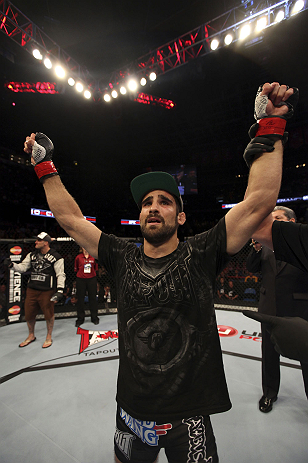 CALGARY, CANADA - JULY 21: Antonio Carvalho celebrates after defeating Daniel Pineda by knockout during their featherweight bout at UFC 149 inside the Scotiabank Saddledome on July 21, 2012 in Calgary, Alberta, Canada. (Photo by Nick Laham/Zuffa LLC/Zuf