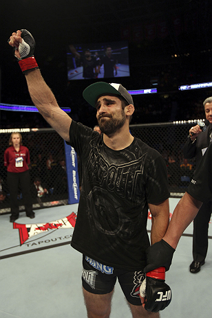CALGARY, CANADA - JULY 21: Antonio Carvalho celebrates after defeating Daniel Pineda by knockout during their featherweight bout at UFC 149 inside the Scotiabank Saddledome on July 21, 2012 in Calgary, Alberta, Canada. (Photo by Nick Laham/Zuffa LLC/Zuf