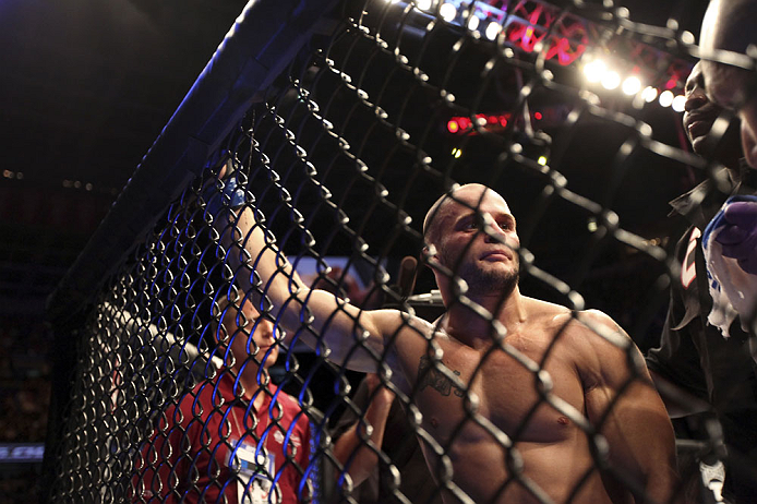 CALGARY, CANADA - JULY 21: Mitch Gagnon stands in his corner between rounds UFC 149 inside the Scotiabank Saddledome on July 21, 2012 in Calgary, Alberta, Canada.  (Photo by Nick Laham/Zuffa LLC/Zuffa LLC via Getty Images)