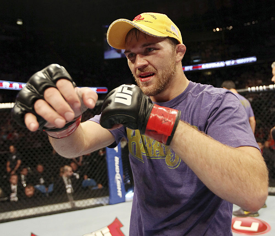 CALGARY, CANADA - JULY 21: Bryan Caraway celebrates after defeating Mitch Gagnon during their bantamweight bout at UFC 149 inside the Scotiabank Saddledome on July 21, 2012 in Calgary, Alberta, Canada. (Photo by Nick Laham/Zuffa LLC/Zuffa LLC via Getty