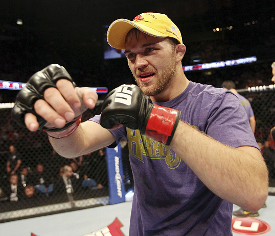 CALGARY, CANADA - JULY 21:  Bryan Caraway celebrates after defeating Mitch Gagnon during their bantamweight bout at UFC 149 inside the Scotiabank Saddledome on July 21, 2012 in Calgary, Alberta, Canada.  (Photo by Nick Laham/Zuffa LLC/Zuffa LLC via Getty 