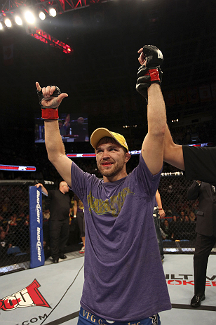 CALGARY, CANADA - JULY 21: Bryan Caraway celebrates after defeating Mitch Gagnon during their bantamweight bout at UFC 149 inside the Scotiabank Saddledome on July 21, 2012 in Calgary, Alberta, Canada. (Photo by Nick Laham/Zuffa LLC/Zuffa LLC via Getty