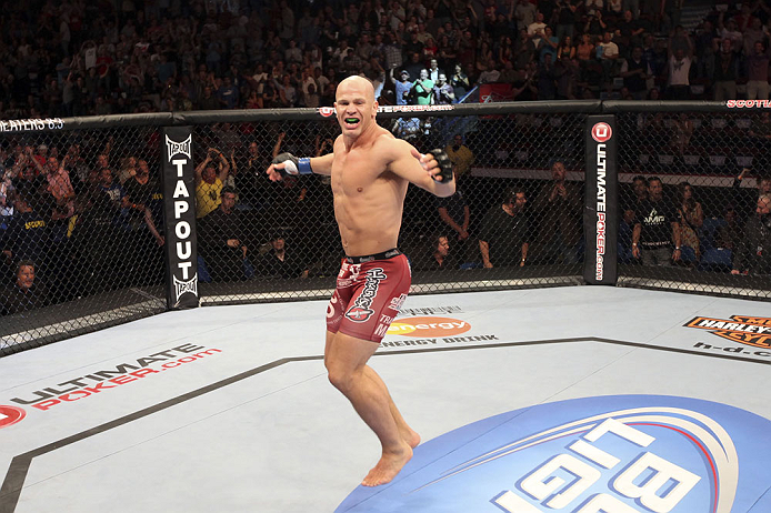 CALGARY, CANADA - JULY 21: Ryan Jimmo celebrates after defeating Anthony Perosh by knockout in six seconds during round one of their light heavyweight bout at UFC 149 inside the Scotiabank Saddledome on July 21, 2012 in Calgary, Alberta, Canada. (Photo