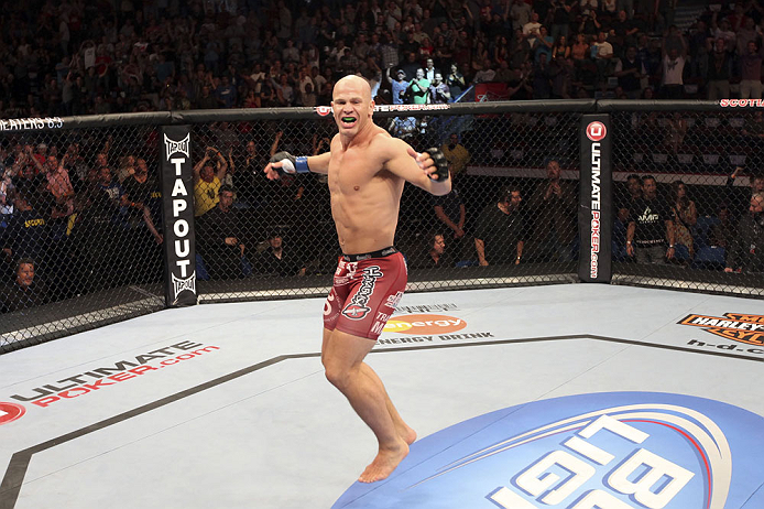 CALGARY, CANADA - JULY 21:  Ryan Jimmo celebrates after defeating Anthony Perosh by knockout in six seconds during round one of their light heavyweight bout at UFC 149 inside the Scotiabank Saddledome on July 21, 2012 in Calgary, Alberta, Canada.  (Photo 