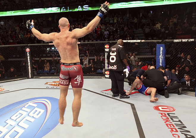 CALGARY, CANADA - JULY 21: Ryan Jimmo knocks out Anthony Perosh in six seconds during their light heavyweight bout at UFC 149 inside the Scotiabank Saddledome on July 21, 2012 in Calgary, Alberta, Canada. (Photo by Nick Laham/Zuffa LLC/Zuffa LLC via Get