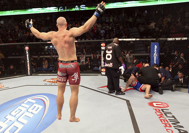 CALGARY, CANADA - JULY 21:  Ryan Jimmo knocks out Anthony Perosh in six seconds during their light heavyweight bout at UFC 149 inside the Scotiabank Saddledome on July 21, 2012 in Calgary, Alberta, Canada.  (Photo by Nick Laham/Zuffa LLC/Zuffa LLC via Get