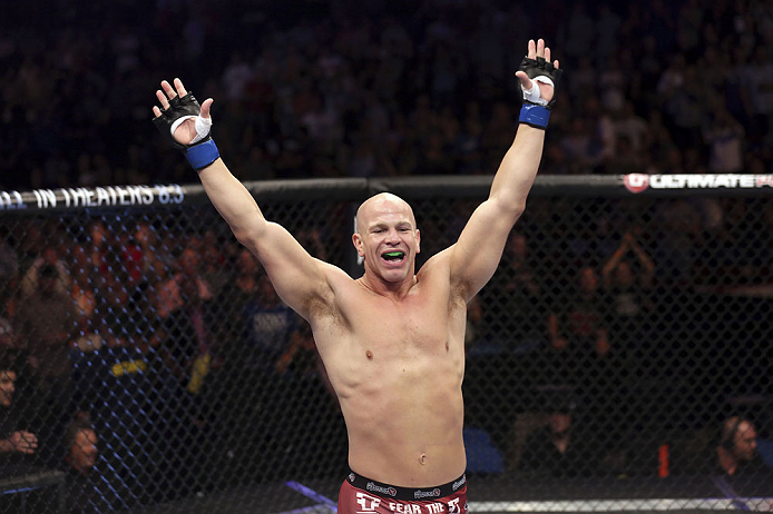 CALGARY, CANADA - JULY 21: Ryan Jimmo celebrates after defeating Anthony Perosh by knockout in six seconds during round one of their light heavyweight bout at UFC 149 inside the Scotiabank Saddledome on July 21, 2012 in Calgary, Alberta, Canada. (Photo