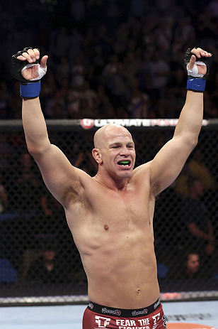 CALGARY, CANADA - JULY 21: Ryan Jimmo celebrates after defeating Anthony Perosh by knockout in six seconds during round one of their light heavyweight bout at UFC 149 inside the Scotiabank Saddledome on July 21, 2012 in Calgary, Alberta, Canada. (Photo