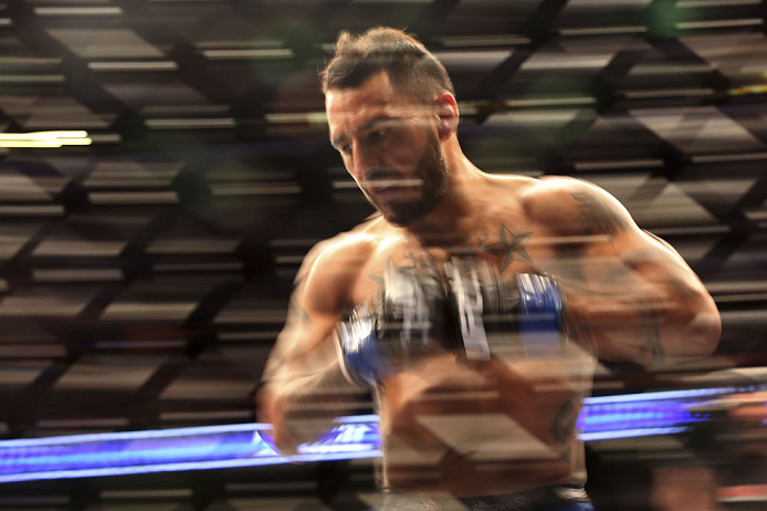 CALGARY, CANADA - JULY 21: Francisco Rivera enters the Octagon prior to facing Roland Delorme during their bantamweight bout at UFC 149 inside the Scotiabank Saddledome on July 21, 2012 in Calgary, Alberta, Canada.  (Photo by Nick Laham/Zuffa LLC/Zuffa LL