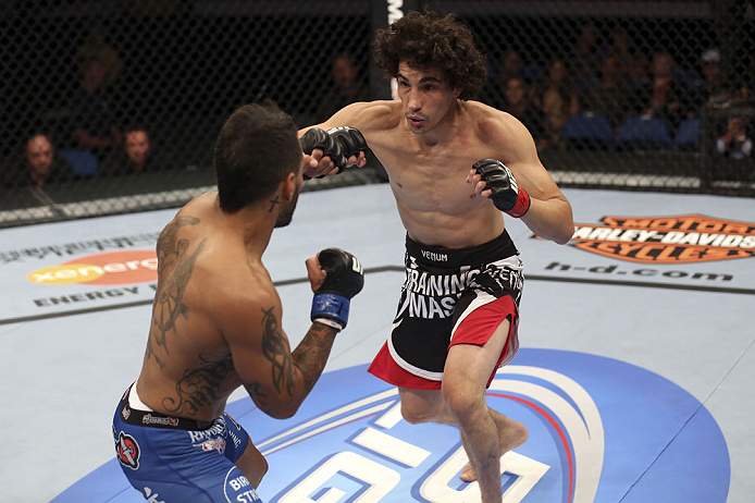 CALGARY, CANADA - JULY 21: (R-L) Roland Delorme lunges at Francisco Rivera during their bantamweight bout at UFC 149 inside the Scotiabank Saddledome on July 21, 2012 in Calgary, Alberta, Canada. (Photo by Nick Laham/Zuffa LLC/Zuffa LLC via Getty Images