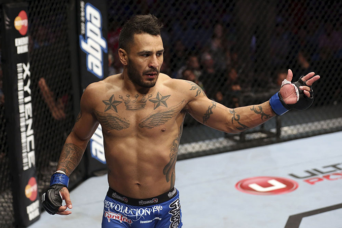 CALGARY, CANADA - JULY 21: Francisco Rivera celebrates after defeating Roland Delorme during their bantamweight bout at UFC 149 inside the Scotiabank Saddledome on July 21, 2012 in Calgary, Alberta, Canada. (Photo by Nick Laham/Zuffa LLC/Zuffa LLC via Ge