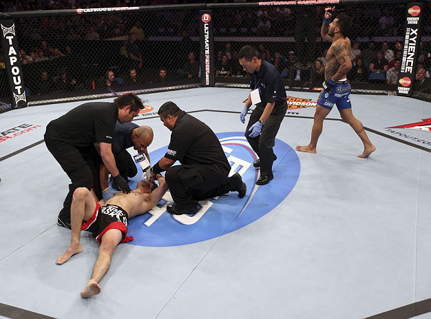 CALGARY, CANADA - JULY 21:  Francisco Rivera celebrates after defeating Roland Delorme during their bantamweight bout at UFC 149 inside the Scotiabank Saddledome on July 21, 2012 in Calgary, Alberta, Canada.  (Photo by Nick Laham/Zuffa LLC/Zuffa LLC via G