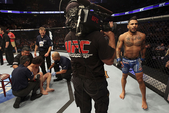 CALGARY, CANADA - JULY 21: (R-L) Francisco Rivera celebrates after defeating Roland Delorme during their bantamweight bout at UFC 149 inside the Scotiabank Saddledome on July 21, 2012 in Calgary, Alberta, Canada.  (Photo by Nick Laham/Zuffa LLC/Zuffa LLC 