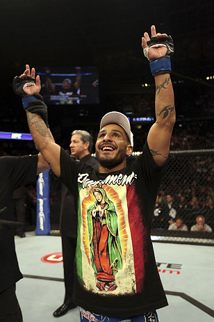 CALGARY, CANADA - JULY 21: Francisco Rivera celebrates after defeating Roland Delorme during their bantamweight bout at UFC 149 inside the Scotiabank Saddledome on July 21, 2012 in Calgary, Alberta, Canada. (Photo by Nick Laham/Zuffa LLC/Zuffa LLC via G