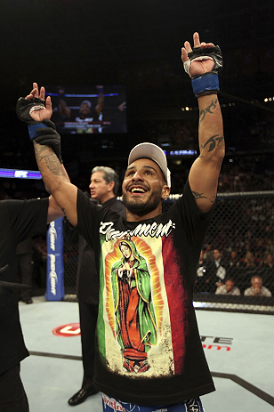 CALGARY, CANADA - JULY 21:  Francisco Rivera celebrates after defeating Roland Delorme during their bantamweight bout at UFC 149 inside the Scotiabank Saddledome on July 21, 2012 in Calgary, Alberta, Canada.  (Photo by Nick Laham/Zuffa LLC/Zuffa LLC via G