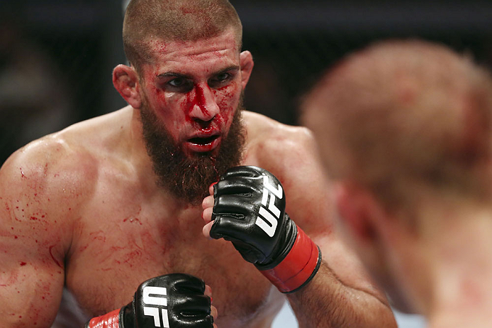 CALGARY, CANADA - JULY 21: Court McGee stares down Nick Ring during their middleweight bout at UFC 149 inside the Scotiabank Saddledome on July 21, 2012 in Calgary, Alberta, Canada. (Photo by Nick Laham/Zuffa LLC/Zuffa LLC via Getty Images)