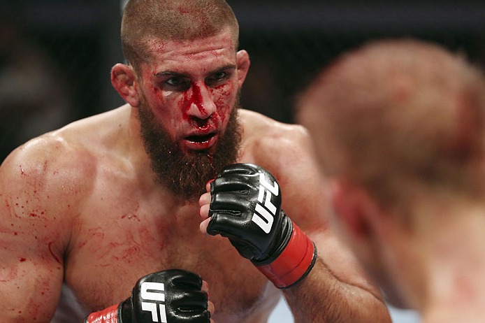 CALGARY, CANADA - JULY 21:  Court McGee stares down Nick Ring during their middleweight bout at UFC 149 inside the Scotiabank Saddledome on July 21, 2012 in Calgary, Alberta, Canada.  (Photo by Nick Laham/Zuffa LLC/Zuffa LLC via Getty Images)