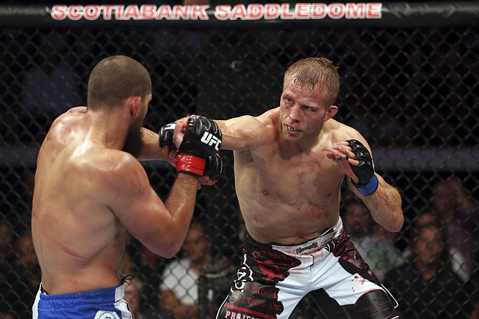 CALGARY, CANADA - JULY 21: (R-L) Nick Ring throws a punch at Court McGee during their middleweight bout at UFC 149 inside the Scotiabank Saddledome on July 21, 2012 in Calgary, Alberta, Canada.  (Photo by Nick Laham/Zuffa LLC/Zuffa LLC via Getty Images)