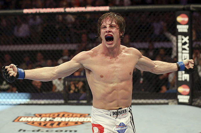 CALGARY, CANADA- JULY 21: Matthew Riddle celebrates after defeating Chris Clements during their welterweight bout at UFC 149 inside the Scotiabank Saddledome on July 21, 2012 in Calgary, Alberta, Canada. (Photo by Nick Laham/Zuffa LLC/Zuffa LLC via Getty