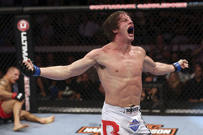CALGARY, CANADA- JULY 21: Matthew Riddle celebrates after defeating Chris Clements during their welterweight bout at UFC 149 inside the Scotiabank Saddledome on July 21, 2012 in Calgary, Alberta, Canada. (Photo by Nick Laham/Zuffa LLC/Zuffa LLC via Getty