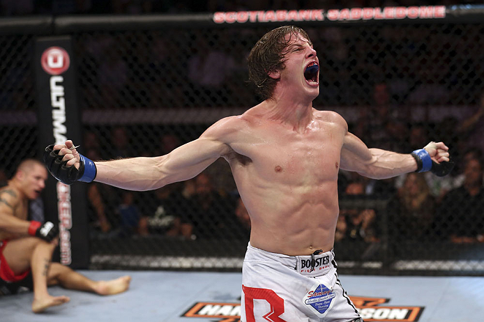 CALGARY, CANADA- JULY 21: Matthew Riddle celebrates after defeating Chris Clements during their welterweight bout at UFC 149 inside the Scotiabank Saddledome on July 21, 2012 in Calgary, Alberta, Canada.  (Photo by Nick Laham/Zuffa LLC/Zuffa LLC via Getty