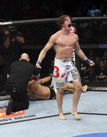 CALGARY, CANADA- JULY 21: Matthew Riddle celebrates after defeating Chris Clements during their welterweight bout at UFC 149 inside the Scotiabank Saddledome on July 21, 2012 in Calgary, Alberta, Canada. (Photo by Nick Laham/Zuffa LLC/Zuffa LLC via Getty