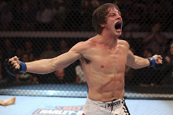 CALGARY, CANADA- JULY 21: Matthew Riddle celebrates after defeating Chris Clements during their welterweight bout at UFC 149 inside the Scotiabank Saddledome on July 21, 2012 in Calgary, Alberta, Canada. (Photo by Nick Laham/Zuffa LLC/Zuffa LLC via Getty