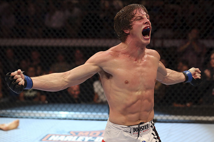 CALGARY, CANADA- JULY 21: Matthew Riddle celebrates after defeating Chris Clements during their welterweight bout at UFC 149 inside the Scotiabank Saddledome on July 21, 2012 in Calgary, Alberta, Canada.  (Photo by Nick Laham/Zuffa LLC/Zuffa LLC via Getty