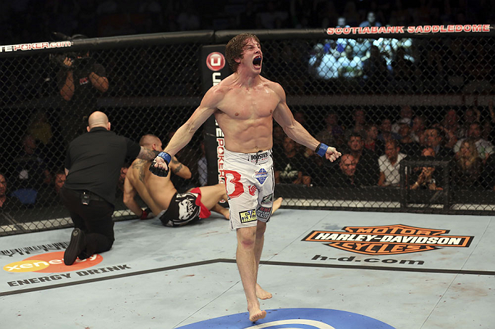 CALGARY, CANADA- JULY 21: Matthew Riddle celebrates after defeating Chris Clements during their welterweight bout at UFC 149 inside the Scotiabank Saddledome on July 21, 2012 in Calgary, Alberta, Canada. (Photo by Nick Laham/Zuffa LLC/Zuffa LLC via Getty