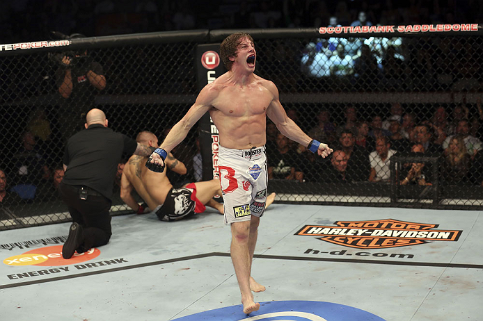 CALGARY, CANADA- JULY 21: Matthew Riddle celebrates after defeating Chris Clements during their welterweight bout at UFC 149 inside the Scotiabank Saddledome on July 21, 2012 in Calgary, Alberta, Canada.  (Photo by Nick Laham/Zuffa LLC/Zuffa LLC via Getty