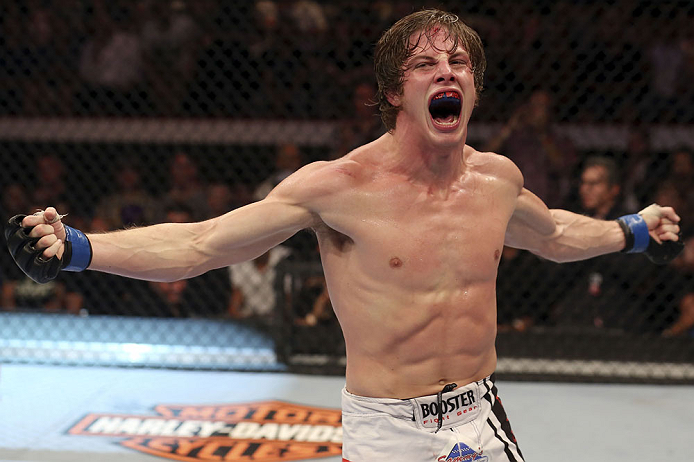CALGARY, CANADA- JULY 21: Matthew Riddle celebrates after defeating Chris Clements during their welterweight bout at UFC 149 inside the Scotiabank Saddledome on July 21, 2012 in Calgary, Alberta, Canada. (Photo by Nick Laham/Zuffa LLC/Zuffa LLC via Getty