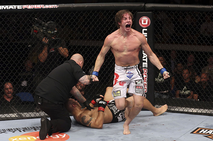 CALGARY, CANADA- JULY 21: Matthew Riddle celebrates after defeating Chris Clements during their welterweight bout at UFC 149 inside the Scotiabank Saddledome on July 21, 2012 in Calgary, Alberta, Canada. (Photo by Nick Laham/Zuffa LLC/Zuffa LLC via Getty