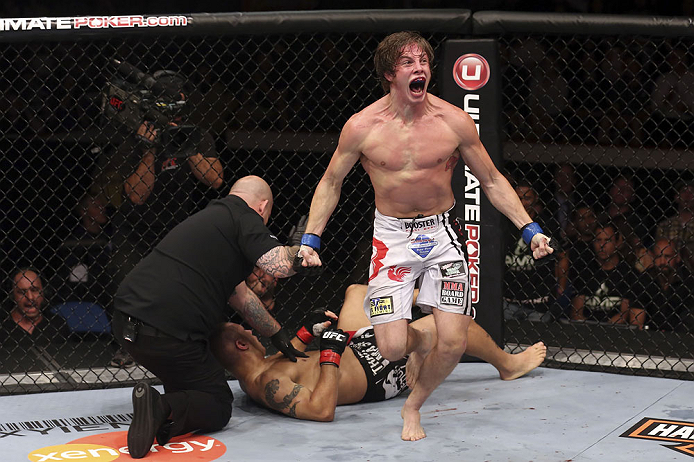 CALGARY, CANADA- JULY 21: Matthew Riddle celebrates after defeating Chris Clements during their welterweight bout at UFC 149 inside the Scotiabank Saddledome on July 21, 2012 in Calgary, Alberta, Canada.  (Photo by Nick Laham/Zuffa LLC/Zuffa LLC via Getty