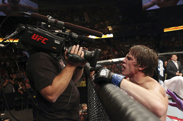 CALGARY, CANADA- JULY 21: Matthew Riddle celebrates after defeating Chris Clements during their welterweight bout at UFC 149 inside the Scotiabank Saddledome on July 21, 2012 in Calgary, Alberta, Canada. (Photo by Nick Laham/Zuffa LLC/Zuffa LLC via Getty